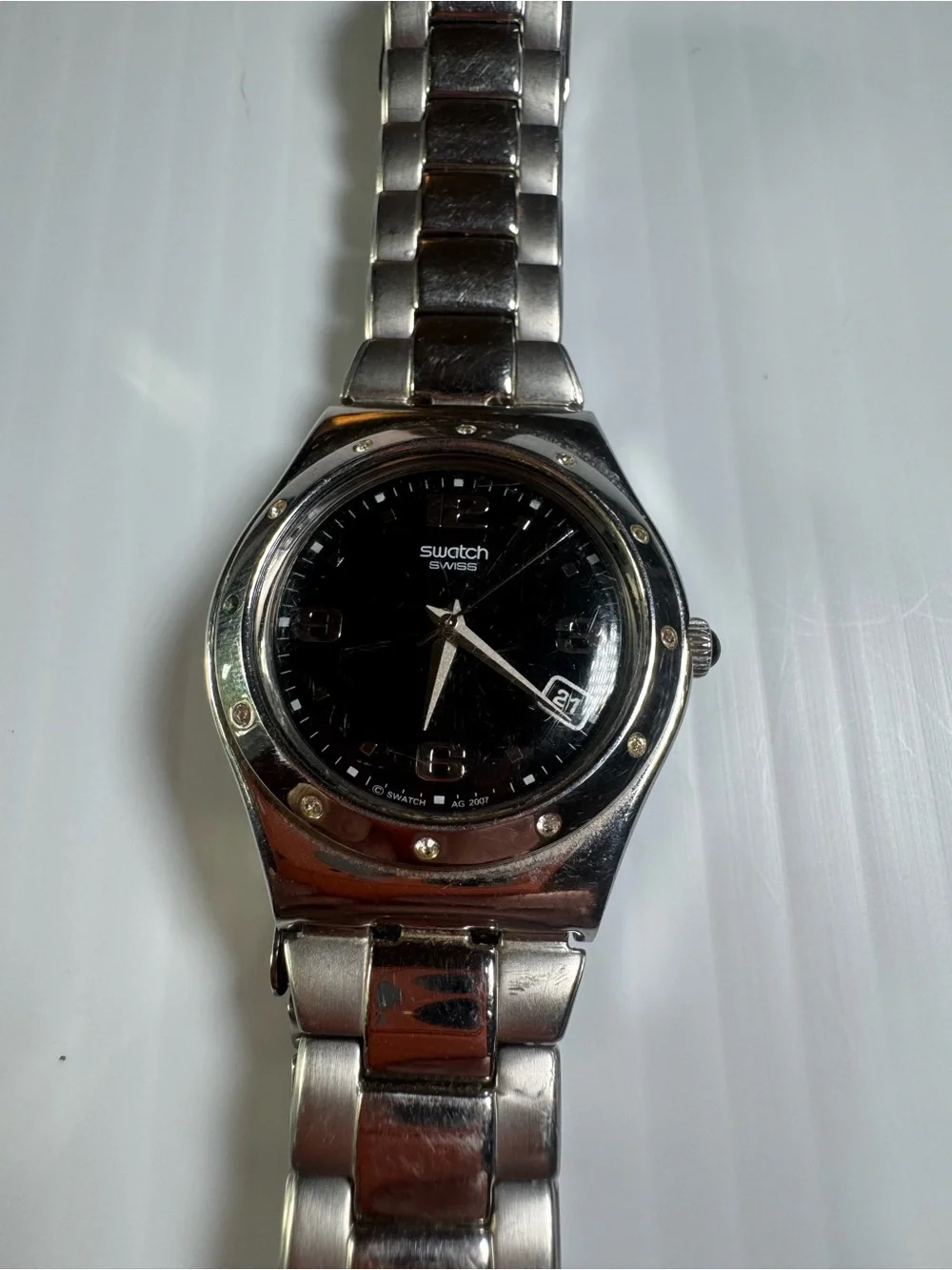 Swatch 2007 Irony “Her Tender Black” stainless steel bracelet and face. YLS433G